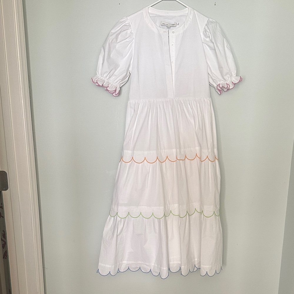 English Factory White Midi Dress with Multicolor Scallop Details